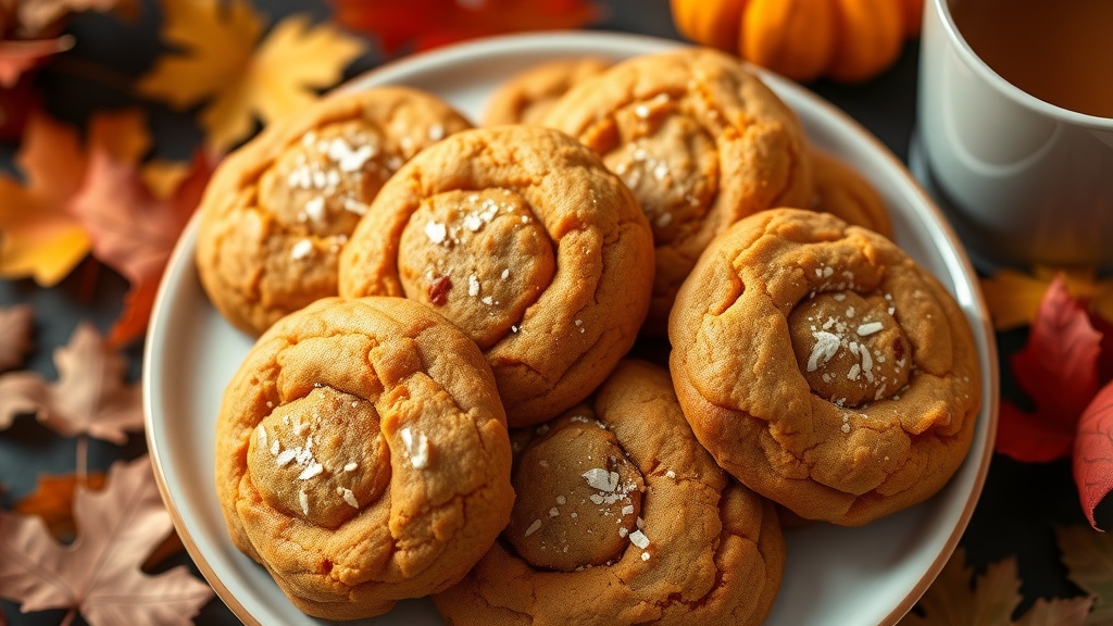 Spiced Pumpkin Cookies with Cardamom Recipe A plate of spiced pumpkin cookies with cardamom, garnished with powdered sugar, set against a backdrop of autumn leaves and a warm drink.